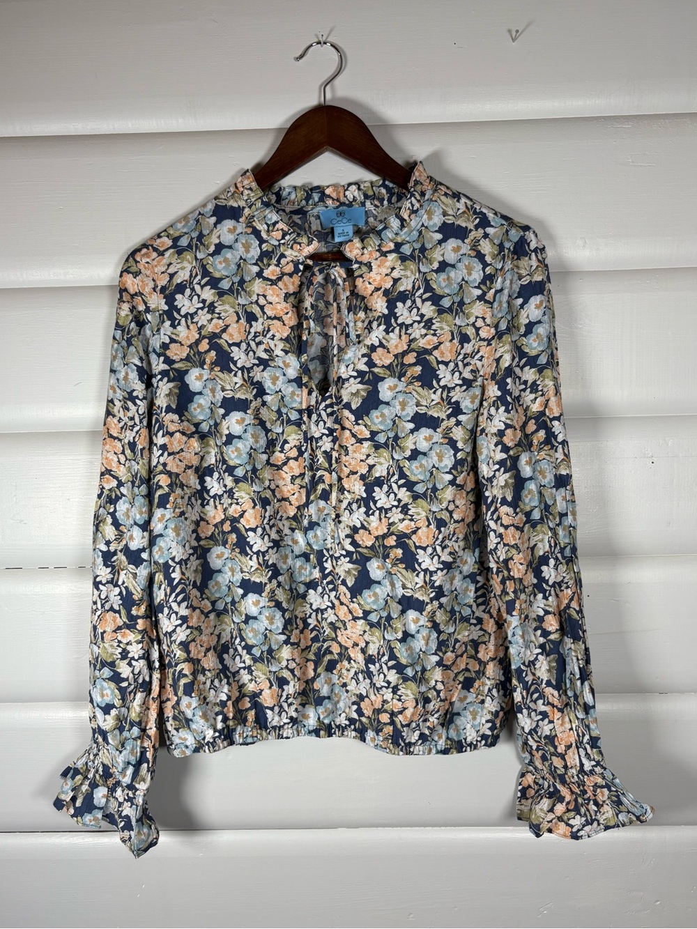 Boho CeCe Romantic Floral Tie Neck Frill Blouse Cottagecore Boho Top Size Small